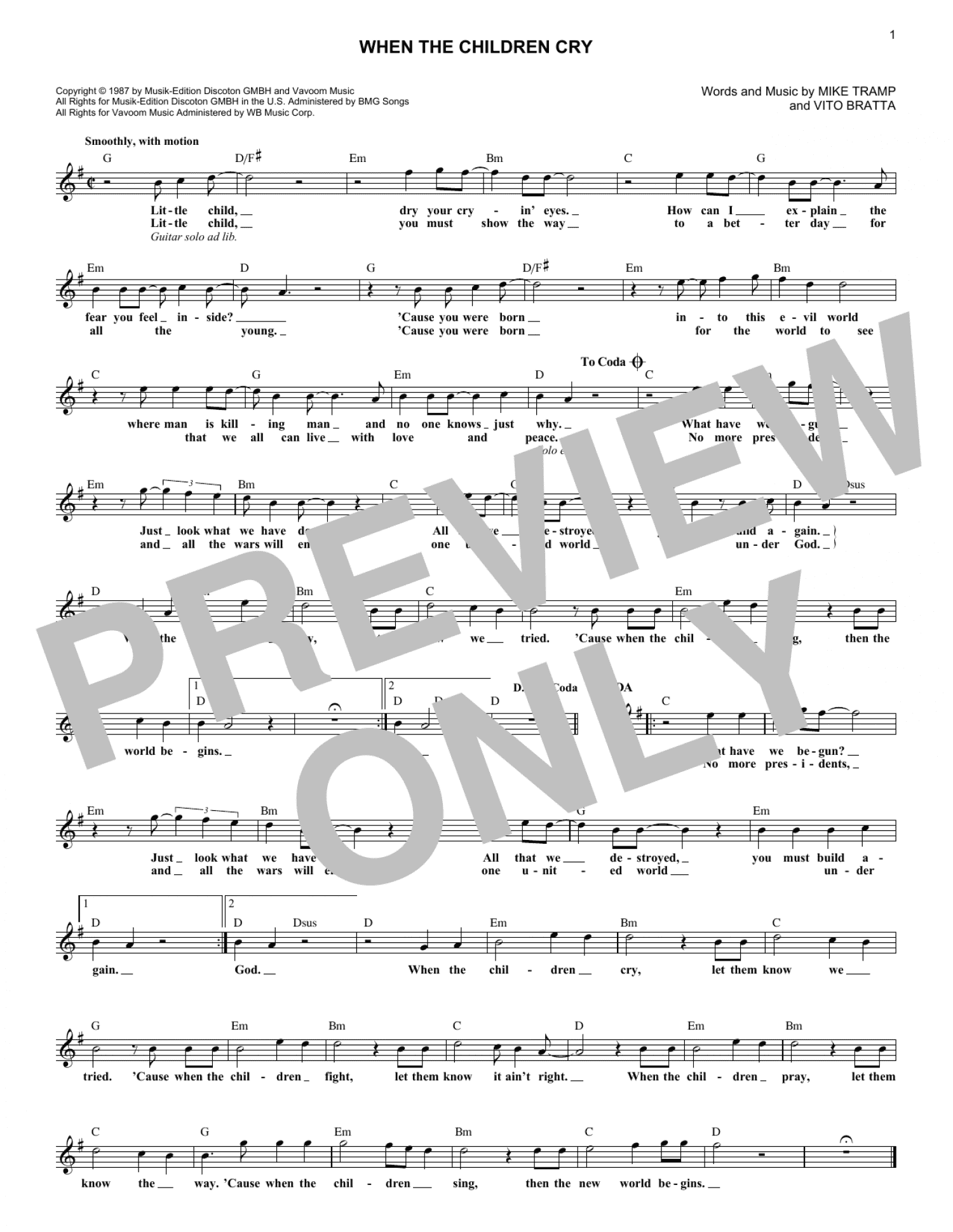When The Children Cry (Lead Sheet / Fake Book)