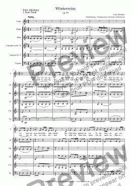 page one of Schubert’s "Winterreise" for woodwind quintet and tenor 1. "Gute Nacht"