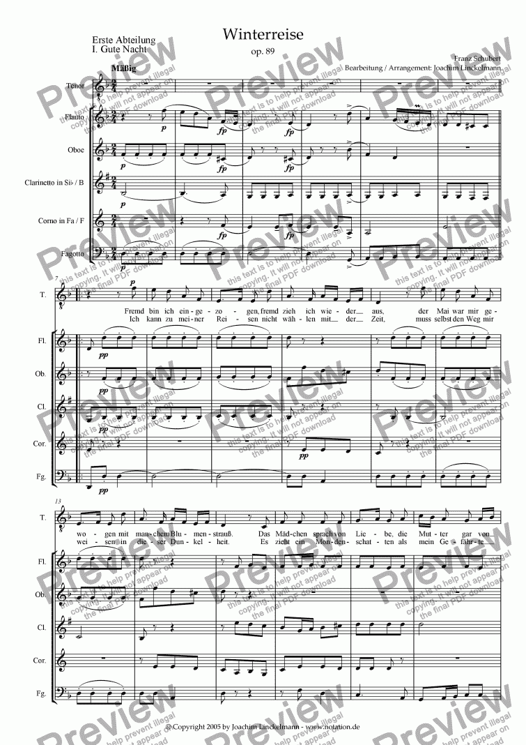 page one of Schubert’s "Winterreise" for woodwind quintet and tenor 1. "Gute Nacht"