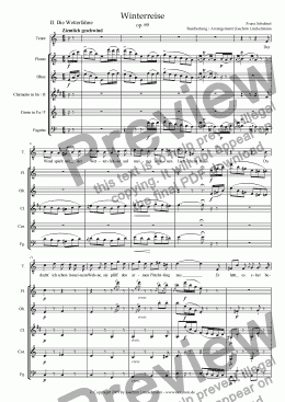 page one of Schubert’s "Winterreise" for woodwind quintet and tenor 2. "Die Wetterfahne"