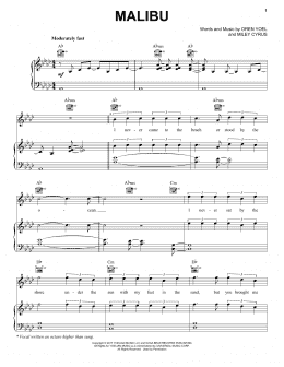 page one of Malibu (Piano, Vocal & Guitar Chords (Right-Hand Melody))