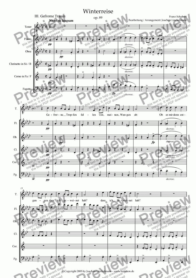 page one of Schubert’s "Winterreise" for woodwind quintet and tenor 3. "Gefrorne Tränen"