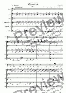 page one of Schubert’s "Winterreise" for woodwind quintet and tenor 4. "Erstarrung"