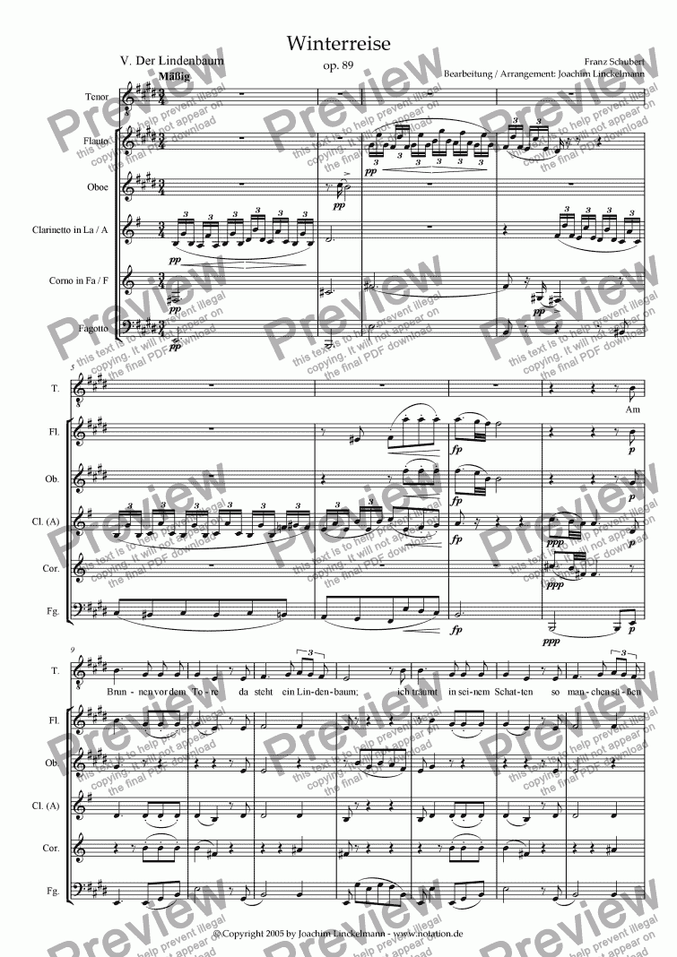 page one of Schubert's "Winterreise" for woodwind quintet and tenor 5. "Der Lindenbaum"