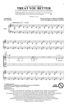 page one of Treat You Better (arr. Ed Lojeski) (SATB Choir)