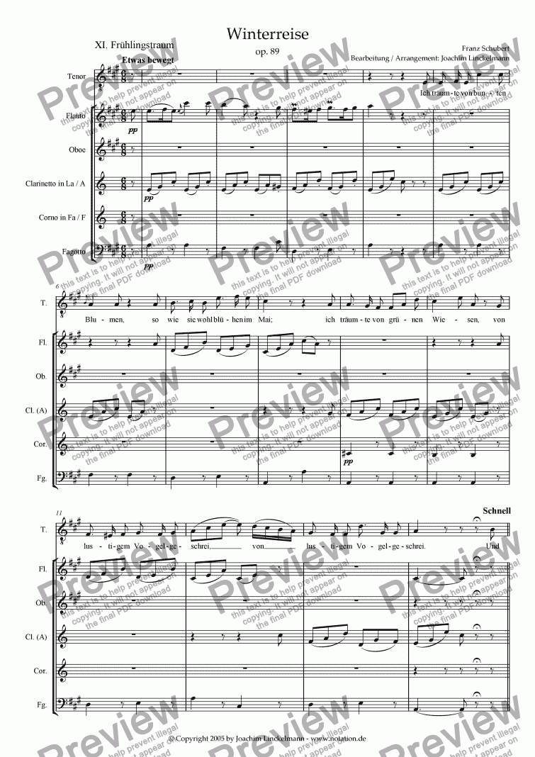 page one of Schubert’s "Winterreise" for woodwind quintet and tenor 11. "Frühlingstraum"