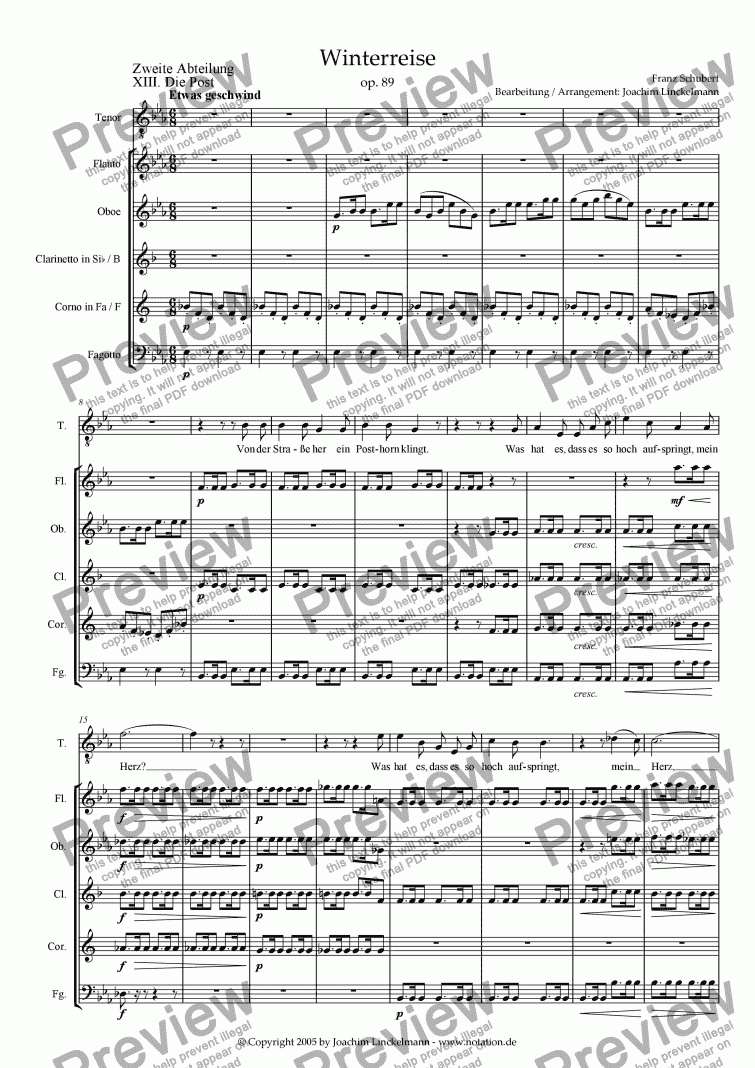 page one of Schubert’s "Winterreise" for woodwind quintet and tenor 13. "Die Post"