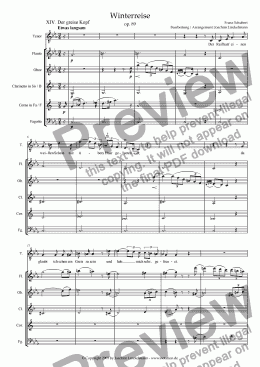 page one of Schubert’s "Winterreise" for woodwind quintet and tenor 14. "Der greise Kopf"