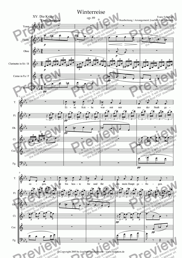 page one of Schubert’s "Winterreise" for woodwind quintet and tenor 15. "Die Krähe"