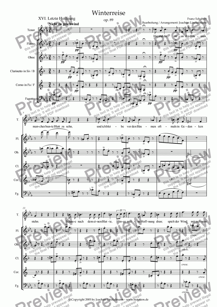 page one of Schubert’s "Winterreise" for woodwind quintet and tenor 16. "Letzte Hoffnung"