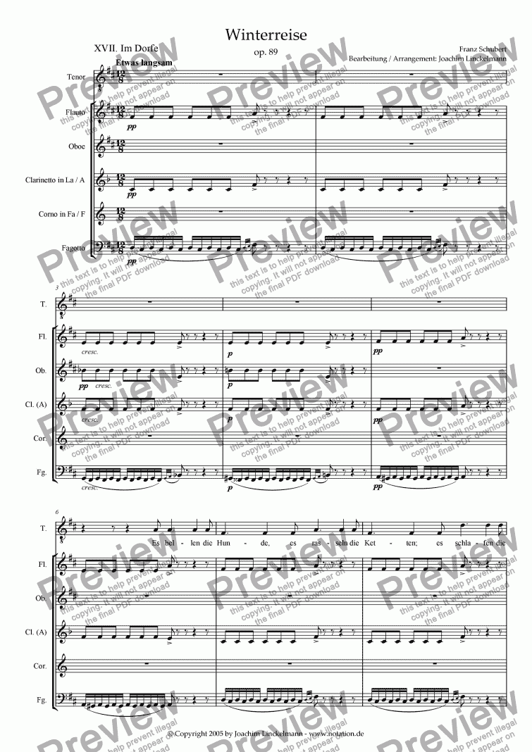 page one of Schubert’s "Winterreise" for woodwind quintet and tenor 17. "Im Dorfe"