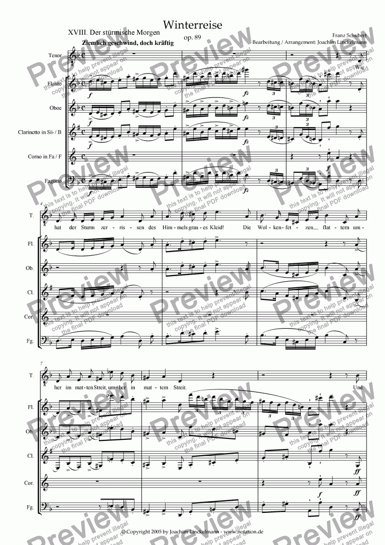 page one of Schubert’s "Winterreise" for woodwind quintet and tenor 18. "Der stürmische Morgen"