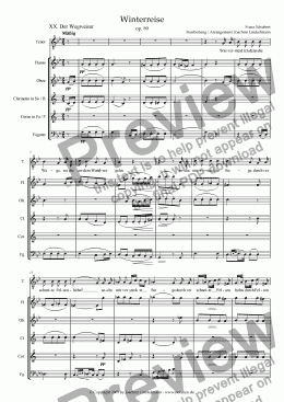page one of Schubert’s "Winterreise" for woodwind quintet and tenor 20. "Der Wegweiser"