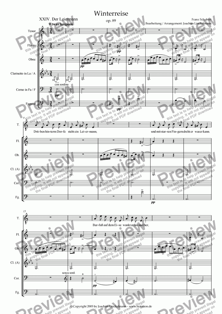 page one of Schubert's "Winterreise" for woodwind quintet and tenor 24. "Der Leiermann"