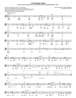page one of A Thousand Years (Lead Sheet / Fake Book)