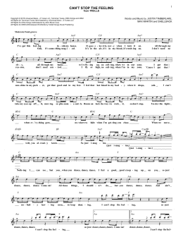 page one of Can't Stop The Feeling (Lead Sheet / Fake Book)
