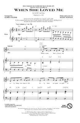 page one of When She Loved Me (from Toy Story 2) (arr. Audrey Snyder) (SATB Choir)