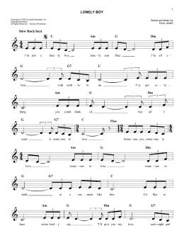 page one of Lonely Boy (Easy Lead Sheet / Fake Book)