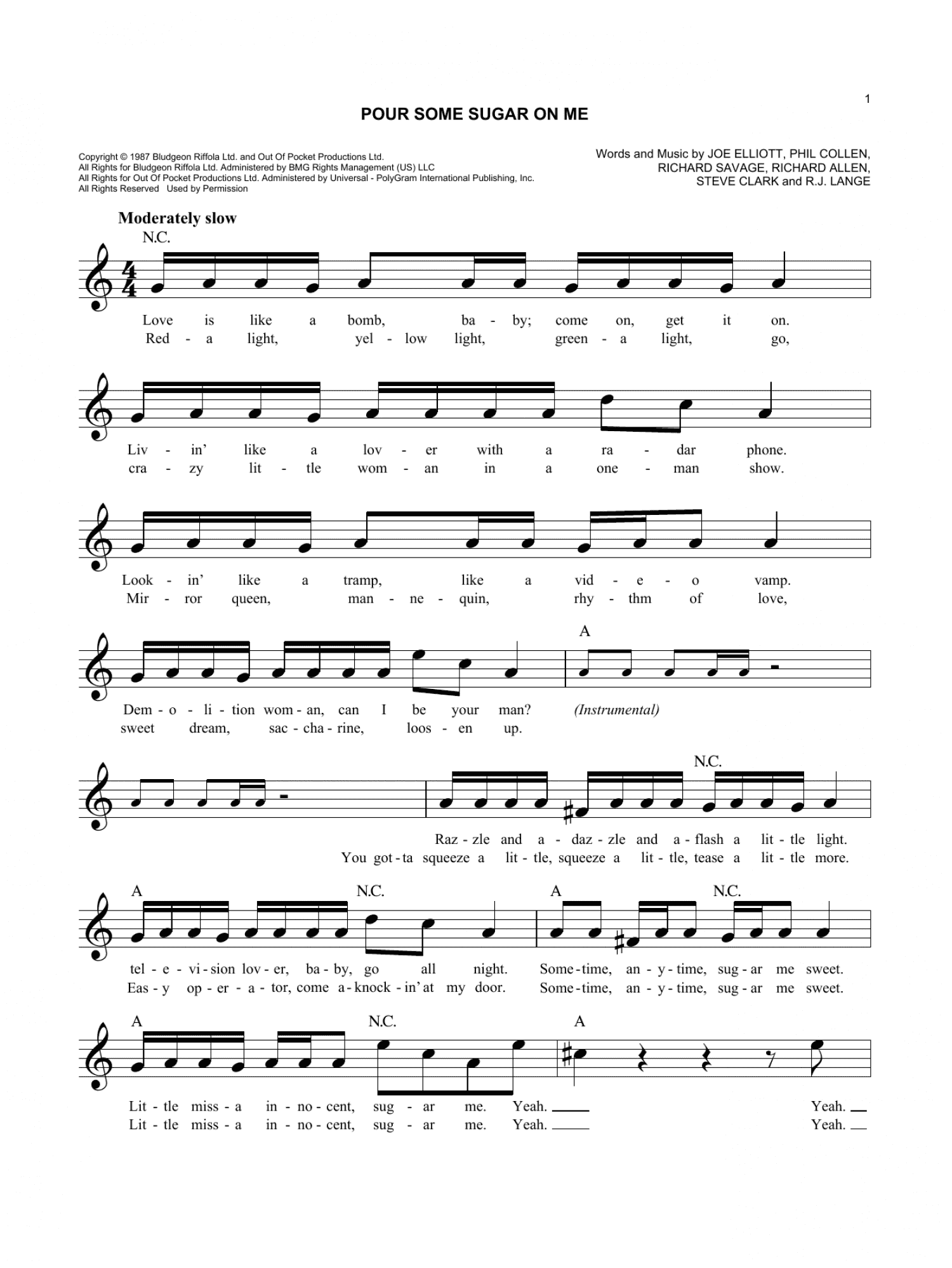 Pour Some Sugar On Me (Lead Sheet / Fake Book)