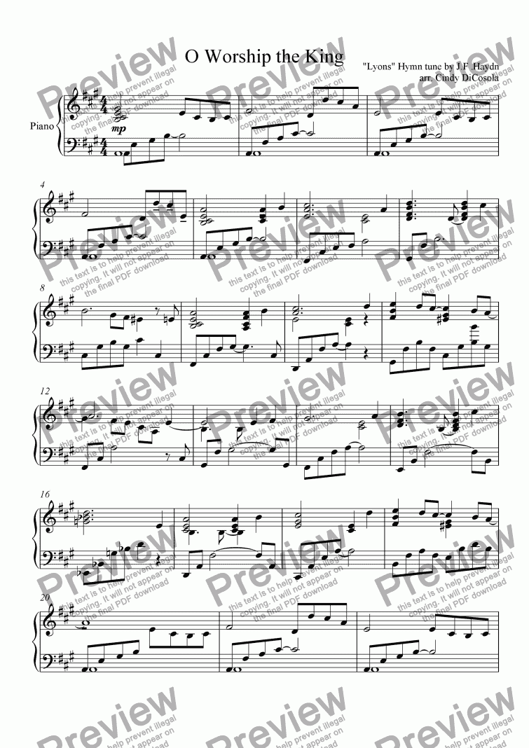 page one of O Worship the King - piano solo