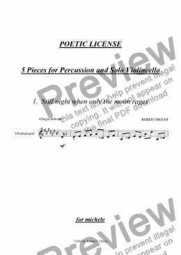page one of Poetic License: 5 Pieces for Percussion and Solo Violincello