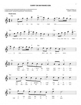 page one of Carry On Wayward Son (Easy Lead Sheet / Fake Book)