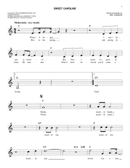 page one of Sweet Caroline (Easy Lead Sheet / Fake Book)