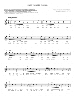 page one of I Knew You Were Trouble (Easy Lead Sheet / Fake Book)