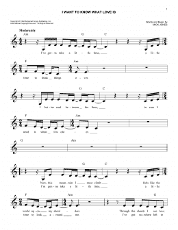 page one of I Want To Know What Love Is (Easy Lead Sheet / Fake Book)