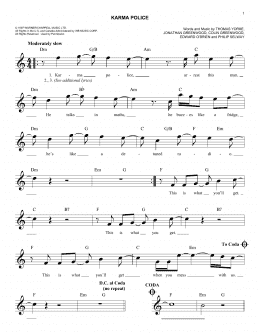 page one of Karma Police (Easy Lead Sheet / Fake Book)