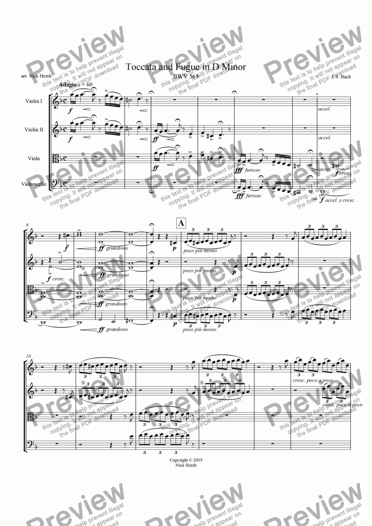 page one of Toccata and Fugue in D minor [String Quartet]