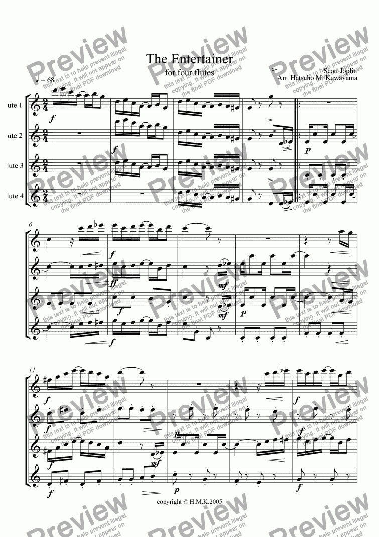 page one of The Entertainer (for Four Flutes)