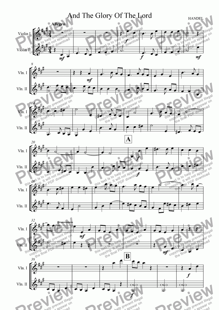 page one of "And The Glory Of The Lord" from Handel's Messiah (Violin Duet)