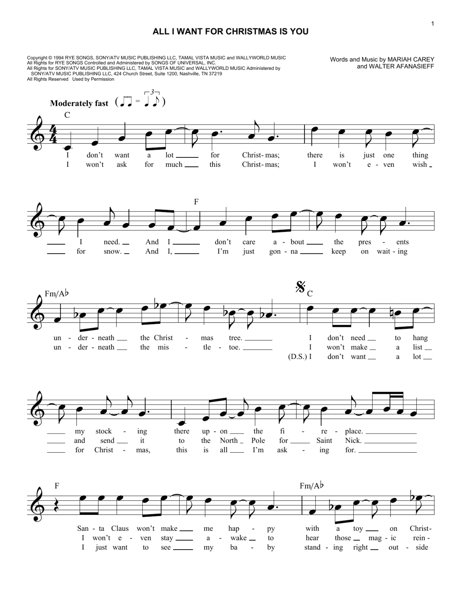 All I Want For Christmas Is You (Lead Sheet / Fake Book)