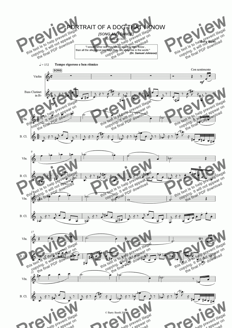 page one of Song & Dance for Violin & Bass Clarinet, 'Portrait Of A Dog I Know'.