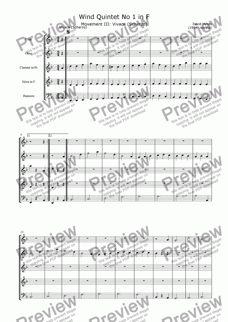 page one of Wind Quintet No. 1 in F - Movement III (Vivace: Scherzo)