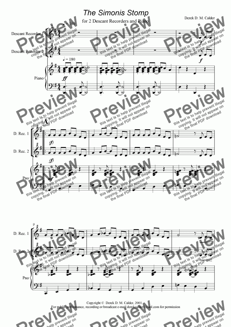 page one of SIMONIS STOMP (for 2 Descant Recorders & Piano)