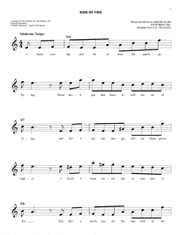 page one of Kiss Of Fire (Easy Lead Sheet / Fake Book)