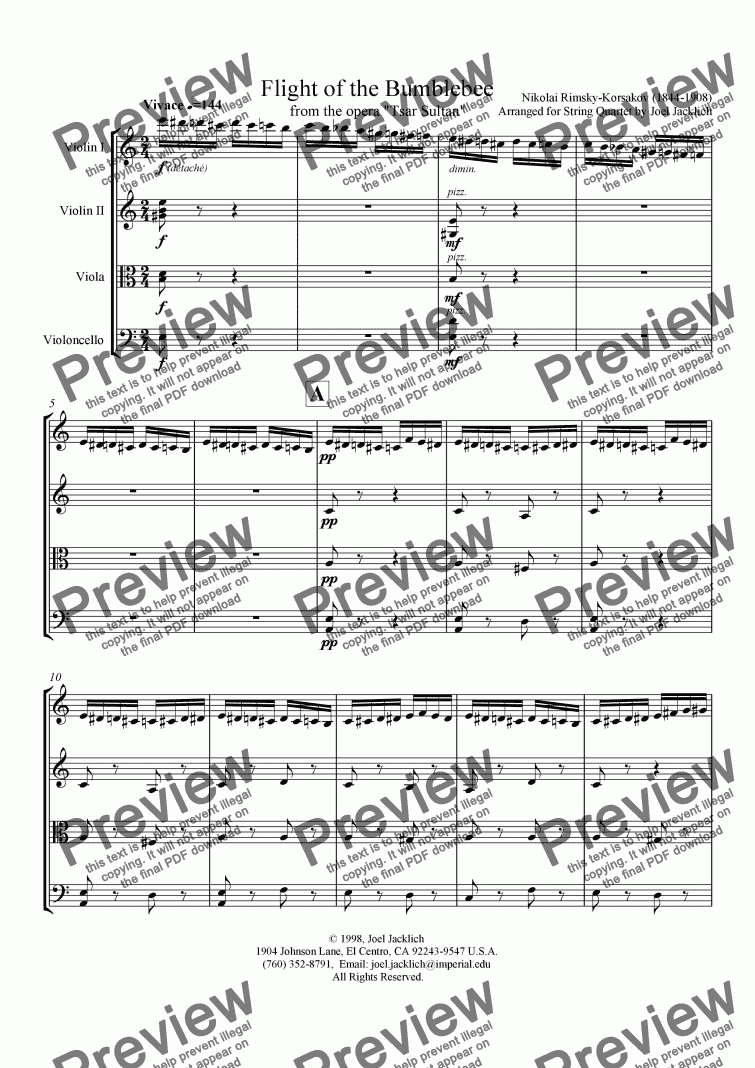 page one of Flight of the Bumblebee, for String Quartet