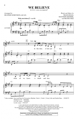 page one of We Believe (arr. Heather Sorenson) (SSA Choir)
