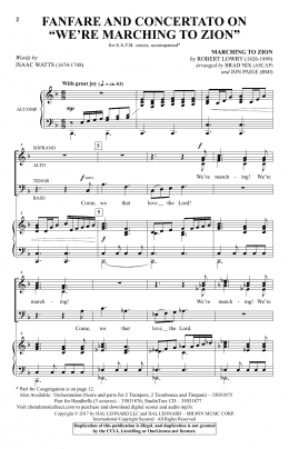 page one of Fanfare And Concertato On "We're Marching To Zion" (SATB Choir)