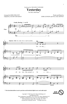 page one of Yesterday (arr. Jacob Narverud) (SSA Choir)