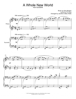 page one of A Whole New World (from Aladdin) (arr. Jennifer & Mike Watts) (Piano Duet)