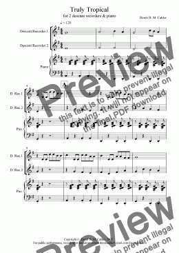 page one of TRULY TROPICAL (2 descant recs & piano)