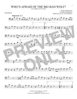 page one of Who's Afraid Of The Big Bad Wolf? (from Three Little Pigs) (Trombone Solo)