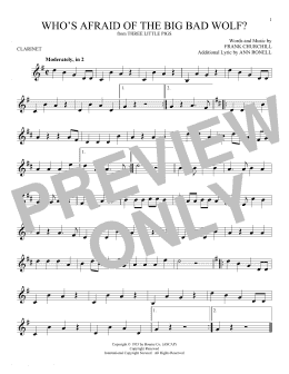 page one of Who's Afraid Of The Big Bad Wolf? (from Three Little Pigs) (Clarinet Solo)