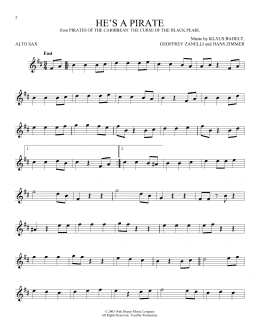 page one of He's A Pirate (from Pirates Of The Caribbean: The Curse of the Black Pearl) (Alto Sax Solo)
