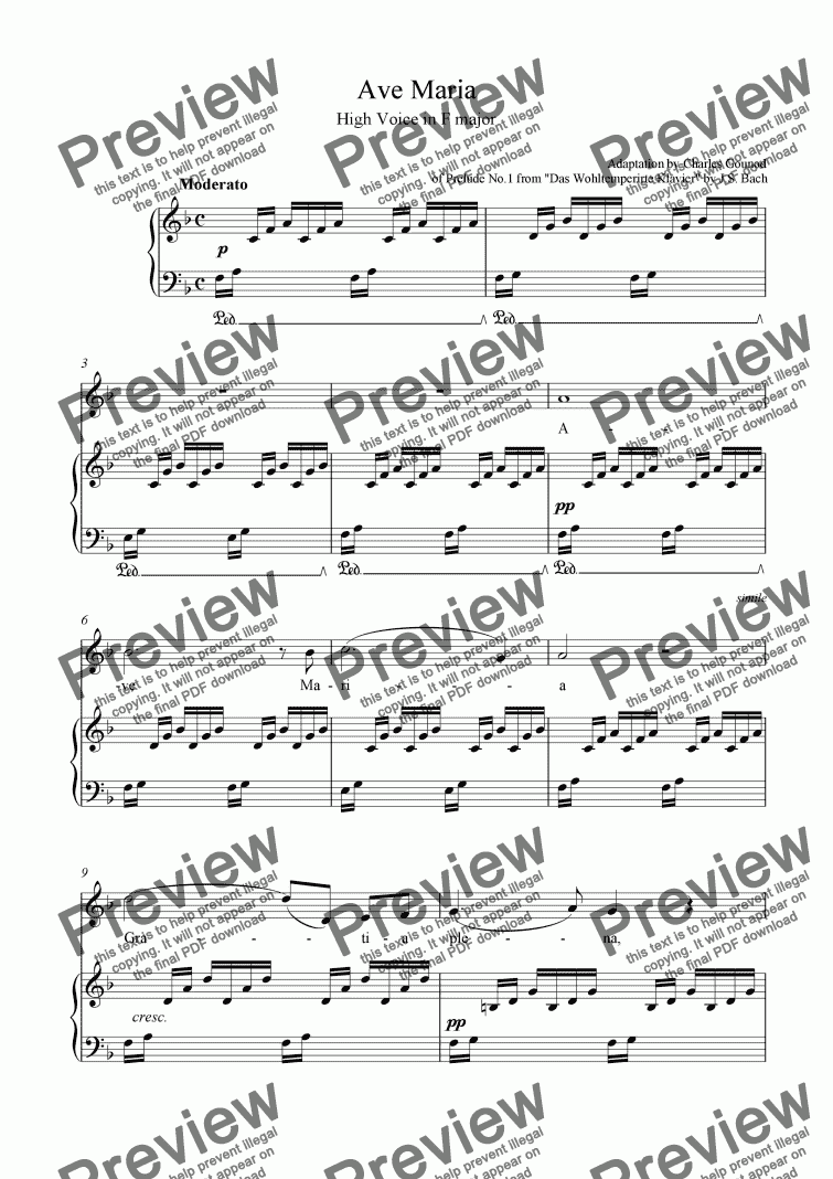 page one of "Ave Maria" -(Bach/Gounod) -Download Wedding Sheet Music -High Voice in F