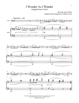 page one of I Wonder As I Wander (Cello and Piano)