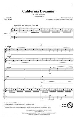 page one of California Dreamin' (arr. Mac Huff) (TTBB Choir)